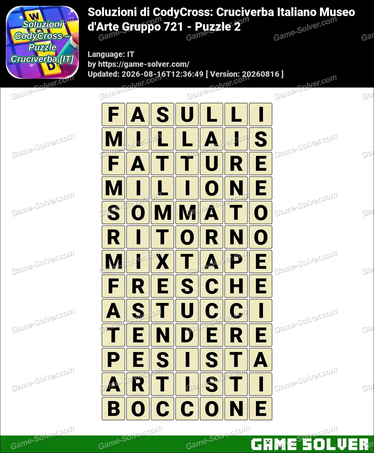 Soluzioni di CodyCross: Cruciverba Italiano Museo d’Arte Gruppo 721 – Puzzle 2